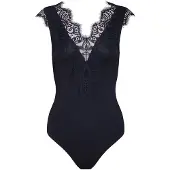 Pieces Shirtbody "PCILU", Damen, Gr. S, N-Gr, schwarz, Jersey, Obermaterial: 85% Polyamid, 15% Elasthan. Spitze: 100% Polyamid, unifarben, eng, V-Ausschnitt, Bodys Shirtbody