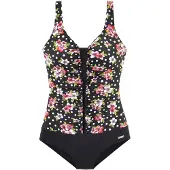LASCANA Badeanzug , Damen, Gr. 42, Cup E, schwarz (schwarz, bedruckt), Polyamid, floral, gepunktet, Badeanzüge Badeanzug, mit floralem Print und Shaping-Effekt