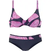 LASCANA Bügel-Bikini , Damen, Gr. 48, Cup E, blau (marine, bedruckt), Polyamid, Colorblocking, bedruckt, Bikini-Sets Bügel-Bikini, seitlich extra höher geschnitten, verstellbare Träger