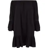 LASCANA Longbluse , Damen, Gr. 48/50, schwarz, Web, Obermaterial: 100% Viskose. Spitze: 100% Baumwolle, unifarben, figurumspielend kurz, Carmenausschnitt, weit Volant, Blusen Longbluse