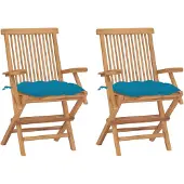 vidaXL Klappstühle mit hellblauen Kissen, 2 Stück, Massivholz Teakholz