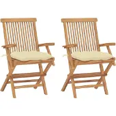 vidaXL Klappstühle mit cremeweißen Kissen, 2 Stück, Massivholz Teakholz