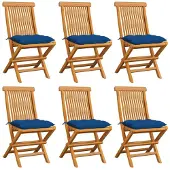 vidaXL Klappstühle mit blauen Kissen, 6-teilig, Massivholz Teakholz
