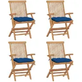 vidaXL Klappstühle mit blauen Kissen, 4 Stück, Massivholz Teakholz