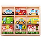 Tooky Toy Spielzeugautos 16-teilig TKF050 Holz-Setzkasten, Transport, Schilder