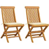 vidaXL Klappstühle mit cremefarbenen Kissen, 2 Stück, Massivholz Teakholz