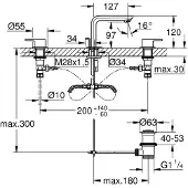 GROHE Lineare 3-Loch Waschtischbatterie, mit Ablaufgarnitur, Ausladung 127mm, 20304001