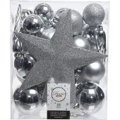Décoris Weihnachtskugeln Kunststoff mit Christbaumstern 33er Set - Silber