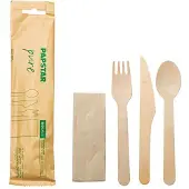 Papstar Besteckset, Holz "pure" : Messer, Gabel, Löffel, Serviette in Papierbeutel