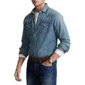 Ralph Lauren für Herren. 710703936001 Blaugeflammtes Denim-Westernhemd (S), Lässig, Baumwolle, Klassisch, Langarm