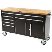HBM mobiler Werkzeugwagen mit Holzarbeitsplatte, 152 cm, schwarz