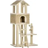 PawHut Kratzbaum Katzenbaum Katzenhöhle Spielbälle 130H cm Khaki+Beige
