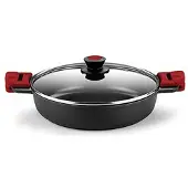 BRA Premiere | Niedriger Schmortopf 32 cm, Aluminiumguss, dreischichtig, verstärkte Antihaftbeschichtung, 2 abnehmbare Silikongriffe, für alle Herdarten einschließlich Induktion geeignet, rote Farbe