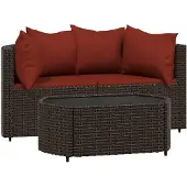 vidaXL 3-tlg. Garten-Lounge-Set mit Kissen Braun Poly Rattan