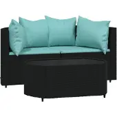 vidaXL 3-tlg. Garten-Lounge-Set mit Kissen Schwarz Poly Rattan