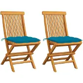 vidaXL Klappstühle mit hellblauen Kissen, 2 Stück, Massivholz Teakholz