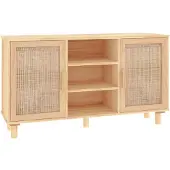 Yiwydaa Sideboard Braun 105x30x60 cm Massivholz Kiefer und Natur-Rattan