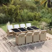 The Living Store 9-tlg. Garten-Essgruppe mit Kissen Poly Rattan Beige