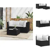 vidaXL 3-tlg. Garten-Lounge-Set mit Kissen Schwarz Poly Rattan - Gartensofas