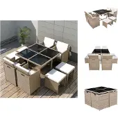 vidaXL 9-tlg. Garten-Essgruppe mit Auflagen Poly Rattan Beige - Gartenmöbel-Sets