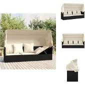 vidaXL Outdoor-Loungebett mit Dach und Kissen Schwarz Poly Rattan - Sonnenliegen