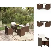 vidaXL 5-tlg. Garten-Essgruppe mit Kissen Poly Rattan Braun - Gartenmöbel-Sets