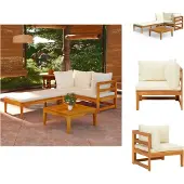 vidaXL 3-tlg. Garten-Lounge-Set mit Cremeweißen Kissen Massivholz Akazie - Gartenmöbel-Sets