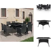 vidaXL 9-tlg. Garten-Essgruppe Poly Rattan und Glas Schwarz - Gartenmöbel-Sets