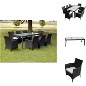 vidaXL 9-tlg. Garten-Essgruppe mit Auflagen Poly Rattan Schwarz - Gartenmöbel-Sets