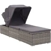 The Living Store Sonnenliege mit Sonnenschutz und Auflagen Poly Rattan Grau