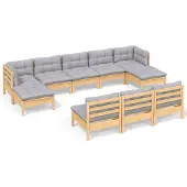 The Living Store 10-tlg. Garten-Lounge-Set mit Grauen Kissen Kiefernholz