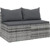 The Living Store Garten-Mittelsofas mit Kissen 2 Stk. Grau Poly Rattan