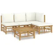 The Living Store 5-tlg. Garten-Lounge-Set mit Cremeweißen Kissen Bambus