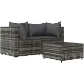 The Living Store 3-tlg. Garten-Lounge-Set mit Kissen Grau Poly Rattan