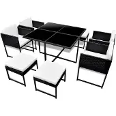 The Living Store 9-tlg. Garten-Essgruppe mit Auflagen Poly Rattan Schwarz