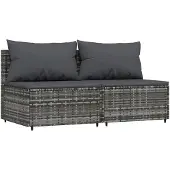 The Living Store Garten-Mittelsofas mit Kissen 2 Stk. Grau Poly Rattan