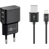 Wentronic Apple Lightning Dual-Ladeset (12 W), Netzteil mit 2x USB-Anschlüssen, Apple Lightning-Kabel, 1 m, schwarz, Drinnen, AC, 5 V, 1 m, Schwarz