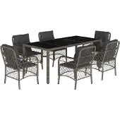 vidaXL 7-tlg. Garten-Essgruppe mit Kissen Grau Poly Rattan