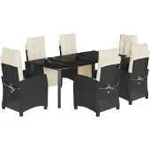 vidaXL 7-tlg. Garten-Essgruppe mit Kissen Schwarz Poly Rattan