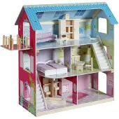 Roba Puppenhaus, Puppenvilla inkl. 16 Puppenmöbel, Mädchen-Spielzeug liebevoll bedruckt