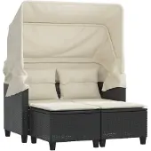 vidaXL Gartensofa 2-Sitzer mit Dach und Hockern Schwarz Poly Rattan