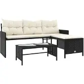 vidaXL Gartensofa in L-Form mit Tisch und Kissen Schwarz Poly Rattan