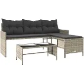 vidaXL Gartensofa in L-Form mit Tisch und Kissen Hellgrau Poly Rattan