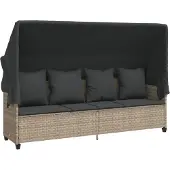 vidaXL Sonnenliege mit Dach und Kissen Hellgrau Poly Rattan