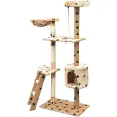 The Living Store Katzen-Kratzbaum Sisal 150 cm Beige mit Pfoten-Aufdruck