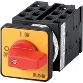Eaton 015374 EIN-AUS-Schalter, T0, 20 A, Einbau, 6 Baueinheit(en), 9-polig, 2 Schließer, 1 Öffner, NOT-AUS-Funktion, mit rotem Knebel und gelbem
