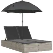 vidaXL Doppel-Sonnenliege mit Kissen & Schirm Hellgrau Poly Rattan
