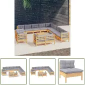 The Living Store 14-tlg. Garten-Lounge-Set mit Grauen Kissen Massivholz Kiefer