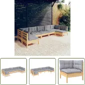 The Living Store 7-tlg. Garten-Lounge-Set mit Grauen Kissen Kiefer Massivholz