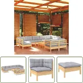 The Living Store 10-tlg. Garten-Lounge-Set mit Grauen Kissen Kiefer Massivholz